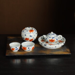 观山见物青花矾红桃花鳜鱼盖碗景德镇手绘功夫茶具桃花流水鳜鱼肥