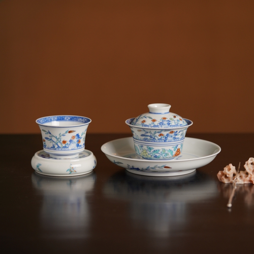 观山见物青花斗彩画篇盖碗套组