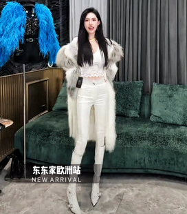 欧洲站十三行抓绒蕾丝水钻腰封弹力修身涂层白色小脚皮裤效果皮草