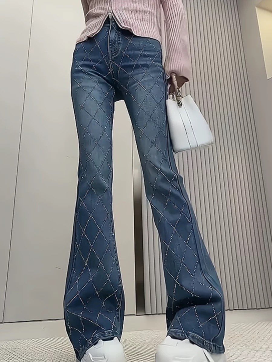 欧洲站冬季新款加绒格子水钻弹力牛仔喇叭裤长裤大长腿洋气搭皮草