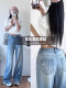 欧洲站春季 时髦精洋气 三角形水钻满天星浅蓝色水洗磨白直筒牛仔裤