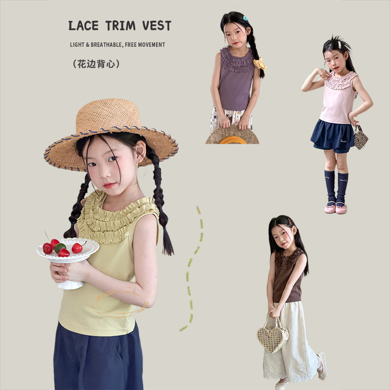 女童夏季法式花边氨纶无袖背心图片