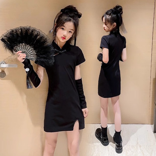 女童旗袍裙子女大童国风黑色连衣裙春夏短袖A字民族风小女孩