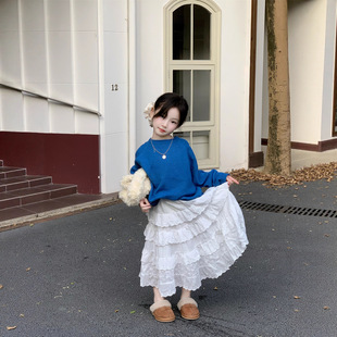 女童蓝色毛衣2026春季新款韩版儿童针织衫洋气宝宝上衣花边半身裙