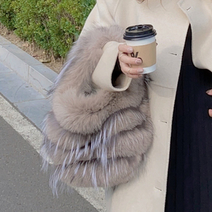 25新款 高档简约真皮毛一体手拿手拎狐狸毛皮草包包 女包手提包时尚