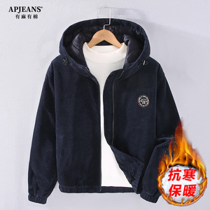 ApJeans灯芯绒棉服男加绒加厚青年休闲日系连帽上衣保暖冬款外套