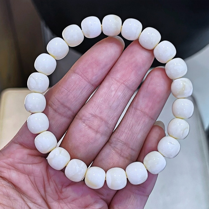 正品天然俄料高品质瓷白蜡蜜蜡9mm高桩老型女款手链文玩珠宝饰品