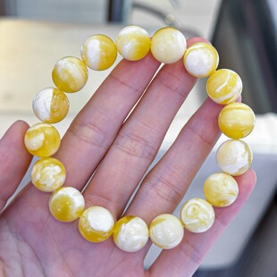 正品 单圈文玩珠宝饰品 天然俄料原矿妖花金白蜜蜡12mm圆珠手链女款