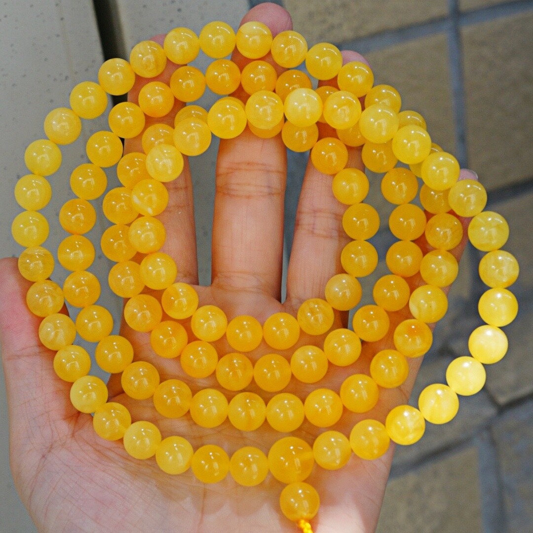 正品天然俄料蜜蜡精品焦皮料鸡油黄9mm108佛珠手串文玩珠宝饰品