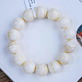 正品 天然俄料蜜蜡精品瓷白顺纹16.3mm圆珠手串文玩收藏珠宝饰品