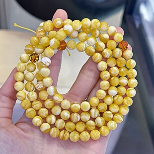 正品天然俄料高品质金白蜡蜜蜡7mm108颗念珠手串文玩百搭珠宝饰品