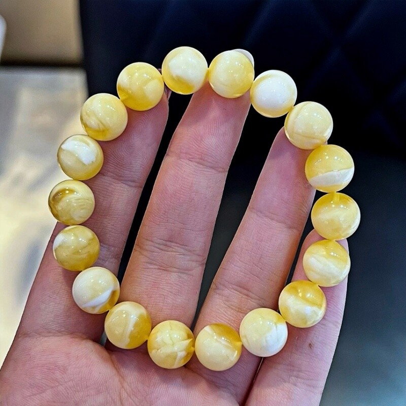 正品天然俄料精品浓蜡白花蜡蜜蜡10mm圆珠手链文玩百搭珠宝饰品