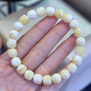 正品 文玩单圈珠宝饰品 天然俄料原矿浓白花蜡蜜蜡9mm老型手链女款