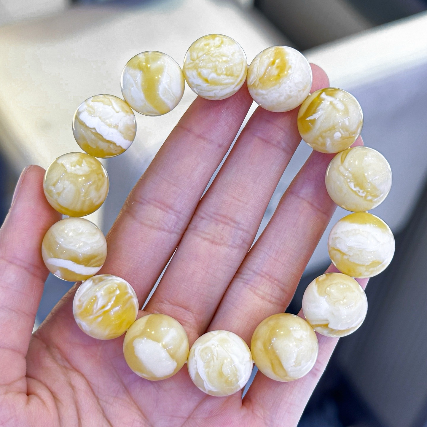 正品天然俄料精品妖孽白蜡蜜蜡15mm圆珠男款手串文玩收藏珠宝饰品