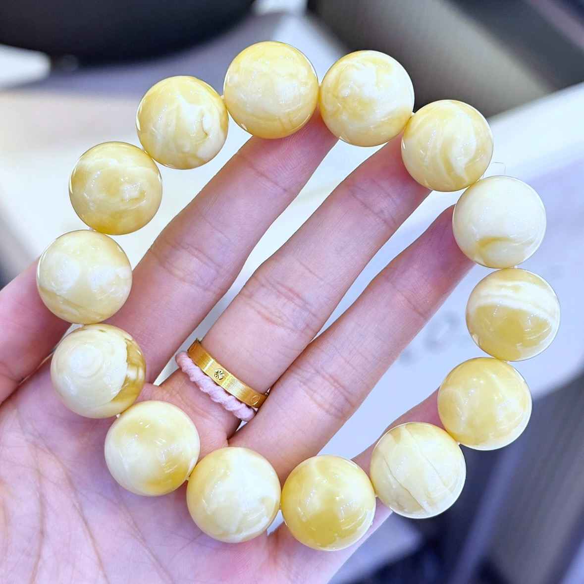 正品天然俄料精品浓白花蜡蜜蜡17mm圆珠男款手串文玩收藏珠宝饰品