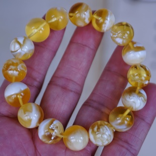 正品 手串文玩收藏珠宝饰品 天然俄料精品瓷白花蜜蜡13mm圆珠女款