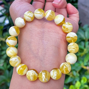 正品 天然俄料高品质金白妖花蜜蜡11mm圆珠手串文玩收藏珠宝饰品