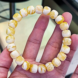 正品 天然俄料精品金瓷白妖花蜜蜡8.5mm老型手串文玩收藏珠宝饰品