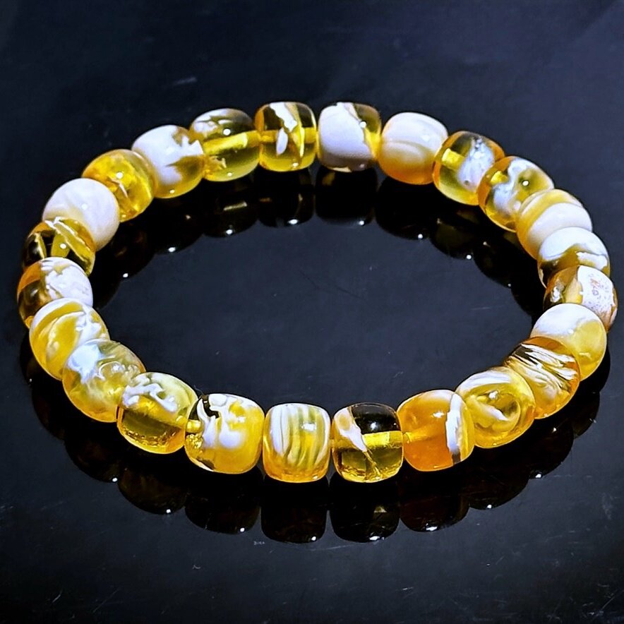 正品天然俄料精品妖孽金瓷白溶洞蜜蜡9mm老型手链文玩珠宝饰品