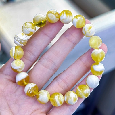 正品天然俄料精品金瓷白溶洞蜜蜡10mm圆珠女款手串文玩珠宝饰品