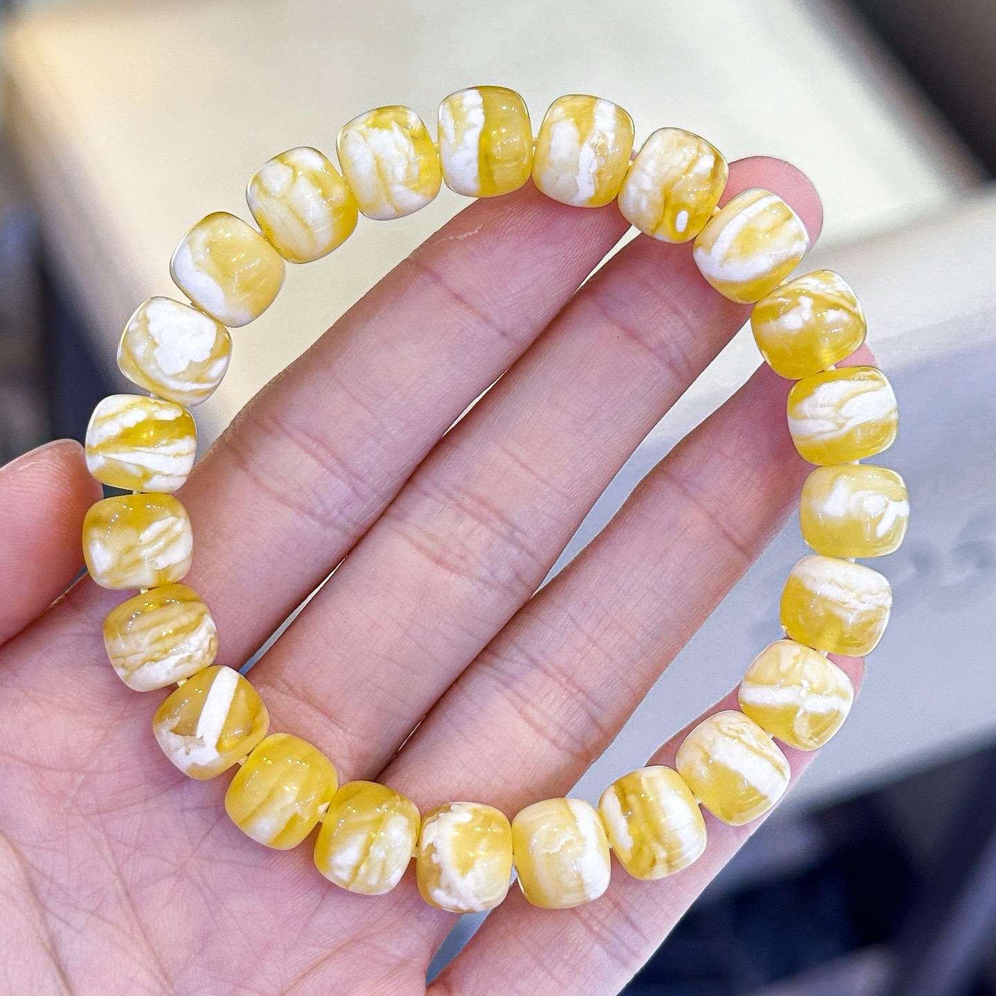 正品天然俄料精美金白千层雪蜜蜡9.9mm老型手链文玩收藏珠宝饰品