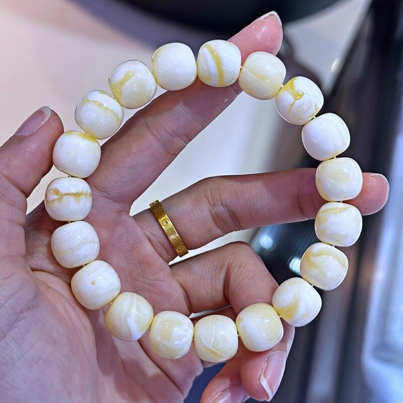正品天然俄料高桩奶白色白花蜡蜜蜡12mm老型手串文玩时尚珠宝饰品
