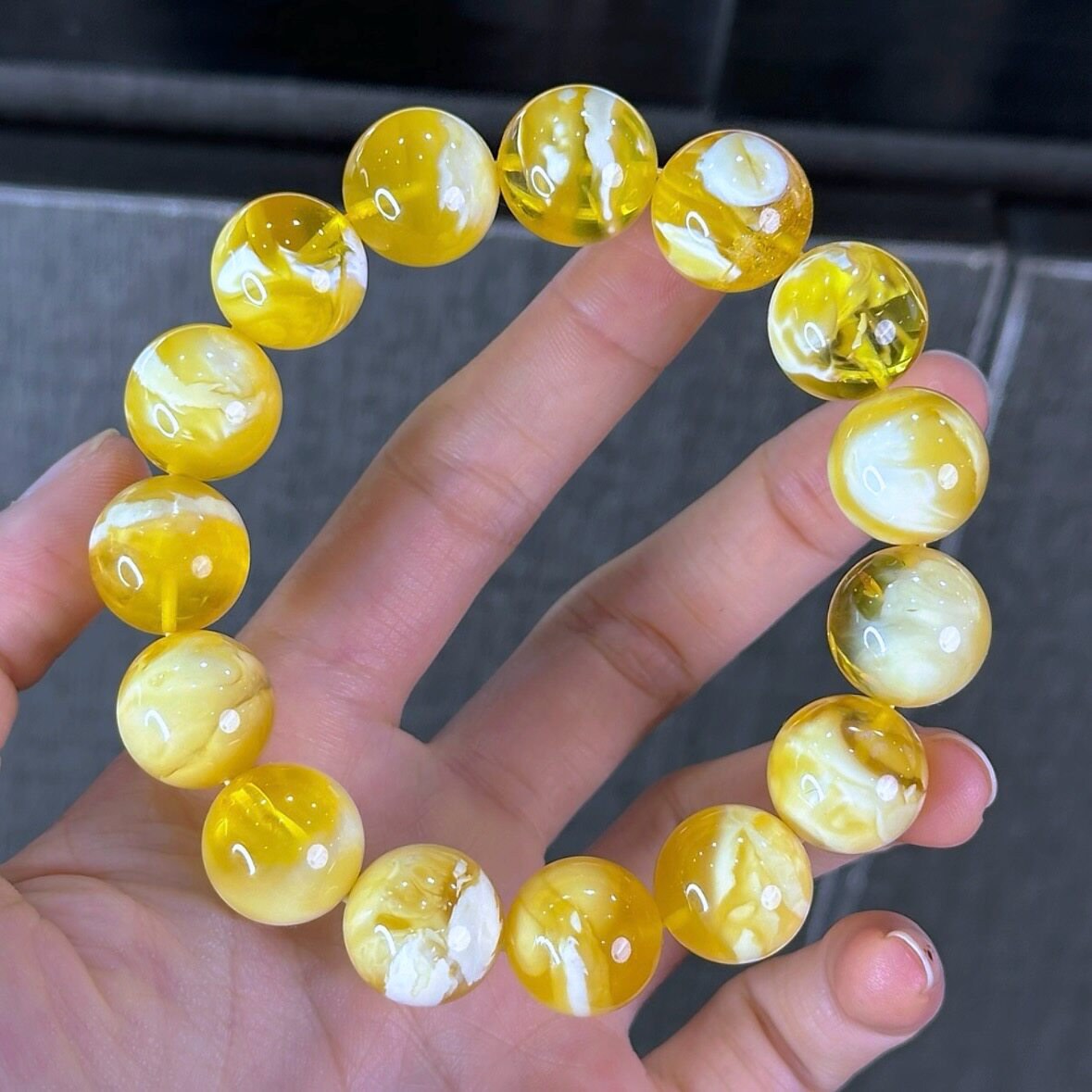 正品天然俄料原矿金白溶洞蜜蜡14mm圆珠手链男款文玩收藏珠宝饰品
