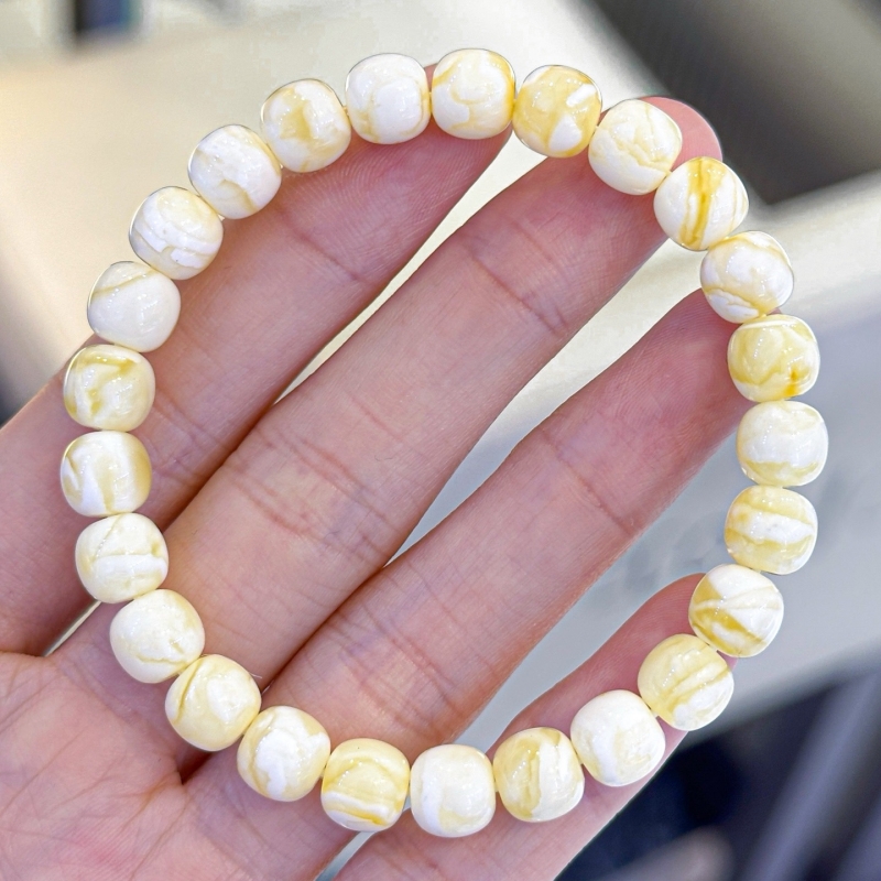 正品天然俄料精品浓白妖花蜜蜡7.5mm老型手链文玩百搭珠宝饰品