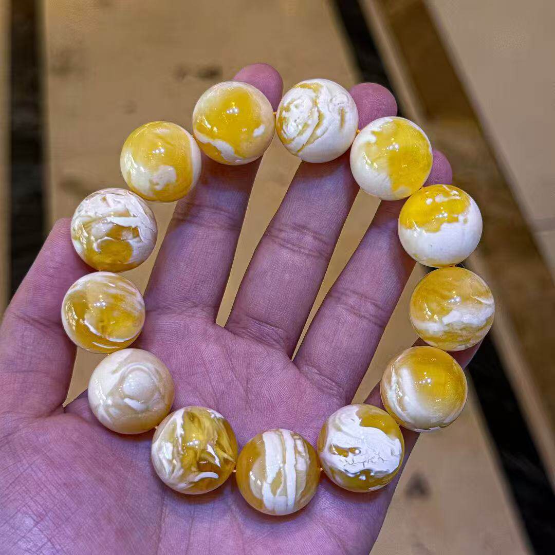 正品天然俄料精品金瓷白蜜蜡19mm圆珠男款大手串文玩收藏珠宝饰品