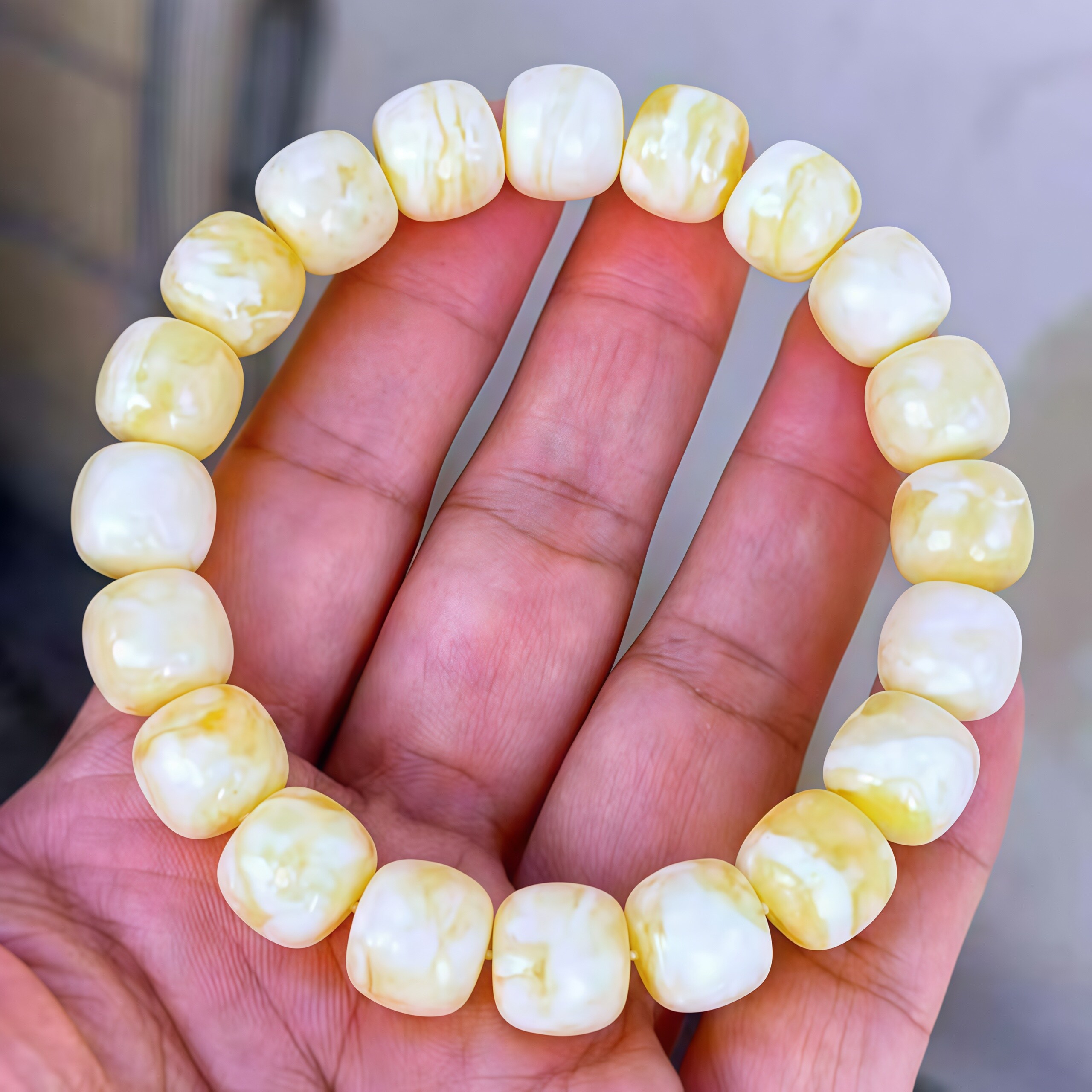 正品天然俄料瓷白花蜡精工老形手串10mm老型蜜蜡手串文玩珠宝饰品