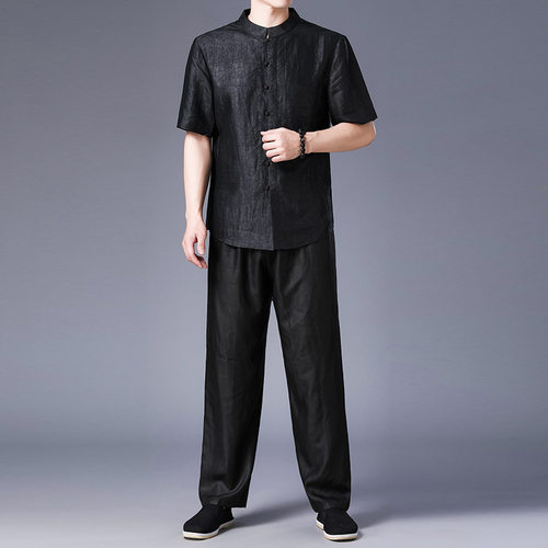 真丝香云纱短袖衬衫长裤中山套装