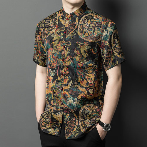 真丝香云纱短袖中国风短袖衬衫夏