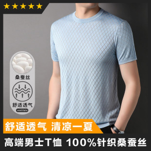 T恤商务休闲网格圆领高品质中年体恤 短袖 100%桑蚕丝高端男士 夏季