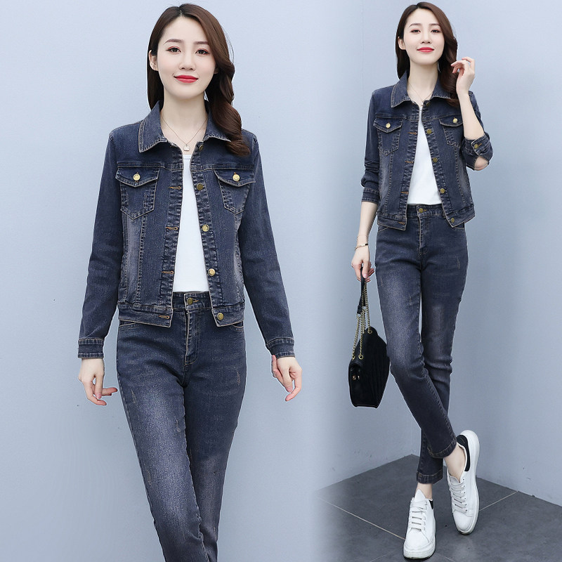 弹力牛仔套装女春秋2023年韩版洋气减龄牛仔外套短款牛仔裤两件套,女装/女士精品,时尚套装,淘宝优惠券,粉丝福利购,淘宝优惠卷