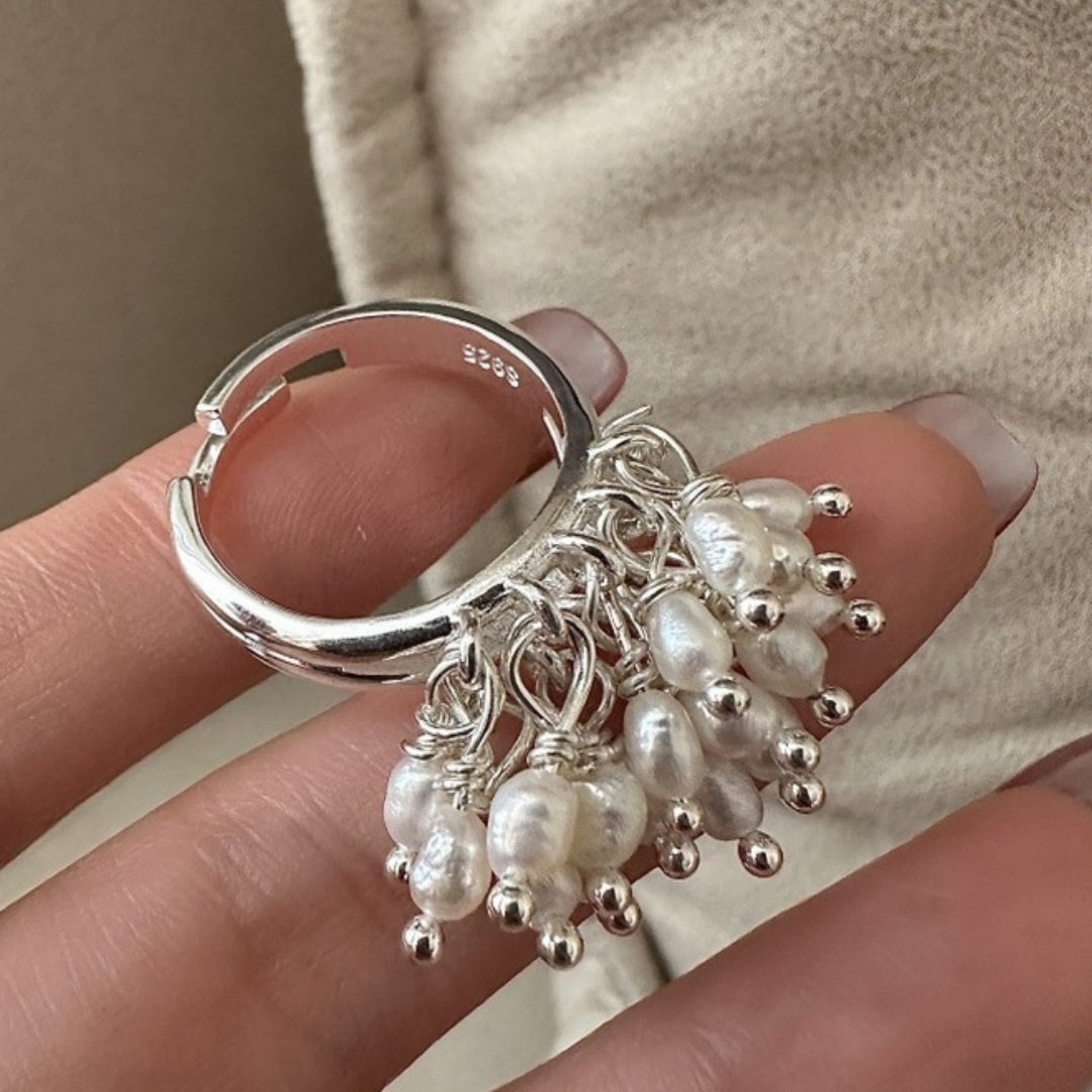 纯银流苏珍珠戒指女设计感