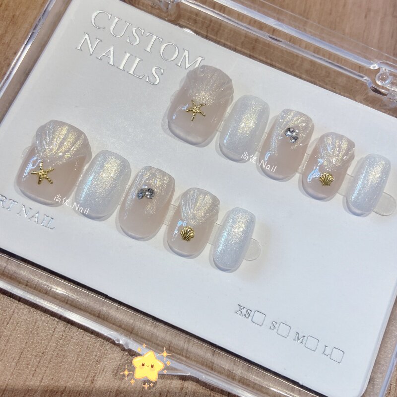 纯手工穿戴甲温柔鎏金贝壳成品甲