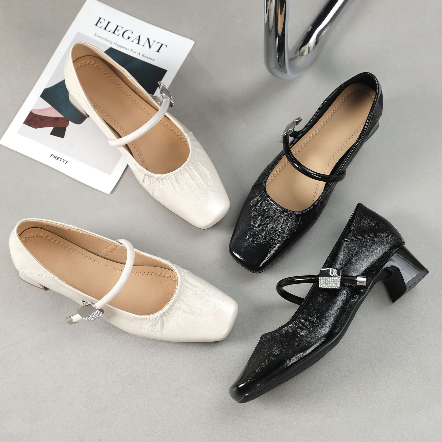 春达女鞋2025春季新款粗跟玛丽珍鞋褶皱气质浅口单鞋杨树林37636