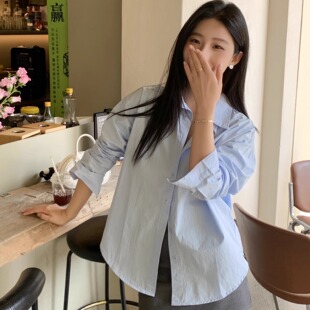 【高品质】春夏洗水棉衬衫蓝色彩色时尚宽松休闲上衣翻领防晒衬衣