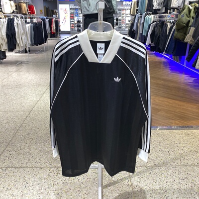 Adidas阿迪达斯三叶草女卫衣V领条纹宽松运动休闲长袖T恤KD2897