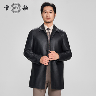 雪豹男士 真皮头层鹿皮商务休闲简约大气翻领中长行政皮风衣外套