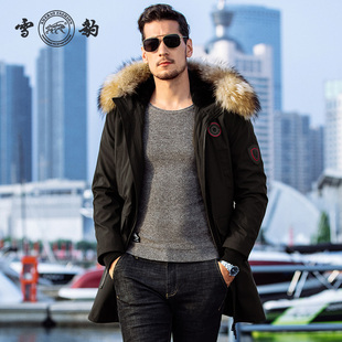 雪豹真皮男士 行政兔毛皮内胆连帽貉子毛领中长派克服 商务休闲时尚