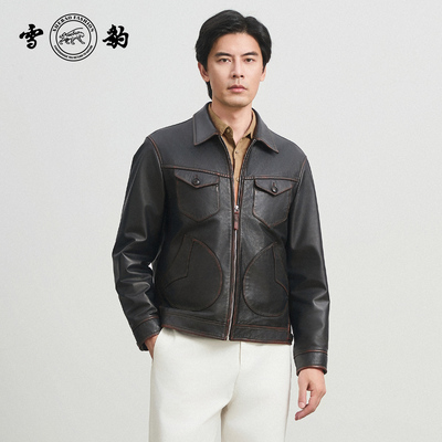专柜同款新品25秋冬头层牛皮门多萨美式真皮男雪豹擦色翻领皮夹克