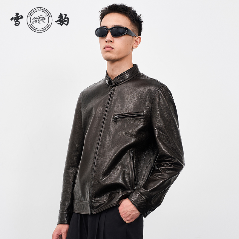 雪豹男款真皮头层绵羊皮时尚休闲复古商务行政立领皮衣夹克短外套