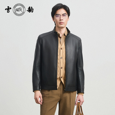 雪豹真皮男士头层鹿皮商务休闲简约时尚行政立领短款皮衣夹克外套