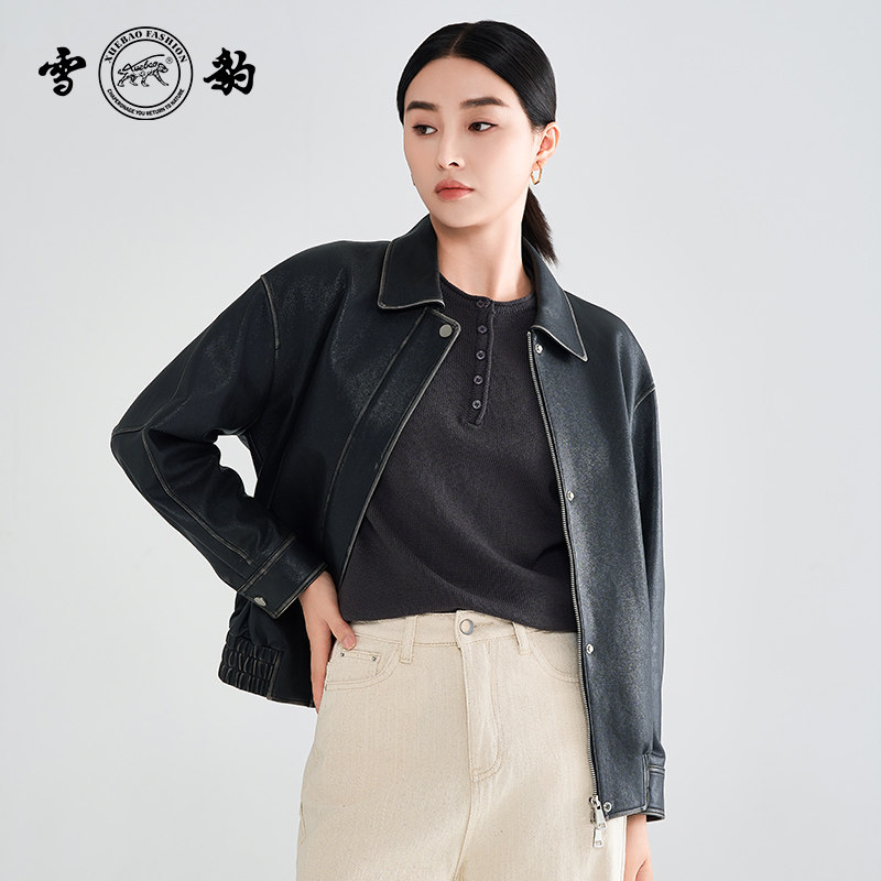 雪豹女士真皮头层绵羊皮休闲时尚复古风短款翻领擦色皮衣夹克,女装/女士精品,皮衣,淘宝优惠券,粉丝福利购,淘宝优惠卷