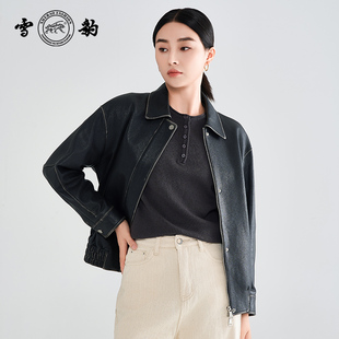 雪豹女士真皮头层绵羊皮休闲时尚 翻领擦色皮衣夹克 复古风短款