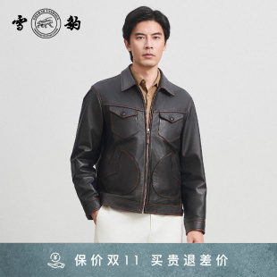 真皮男雪豹擦色翻领皮夹克 25秋冬头层牛皮门多萨美式 专柜同款 新品