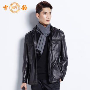 雪豹真皮皮衣男头层绵羊皮时尚 潮流机车休闲复古立领短夹克外套