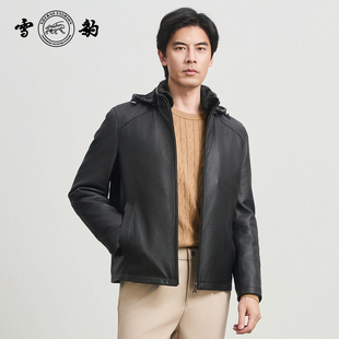 雪豹真皮男头层鹿皮休闲商务简约大气行政连帽水貂内胆皮夹克外套