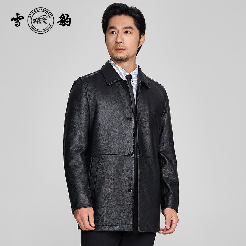 雪豹真皮皮衣男头层鹿皮商务休闲轻奢体制内翻领行政中长款皮外套,男装,皮衣,淘宝优惠券,粉丝福利购,淘宝优惠卷